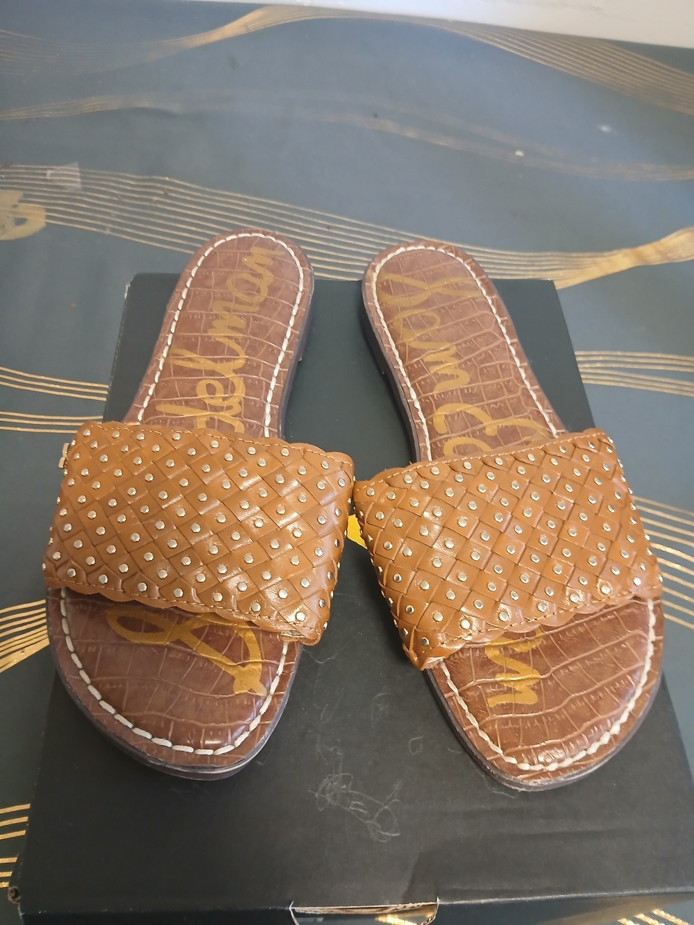 Sam Edelman Tan Woven Stud Slide Sandals